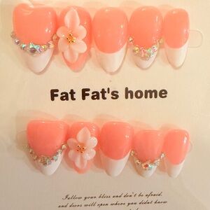 Pink and White Floral handmade press on Nail Set